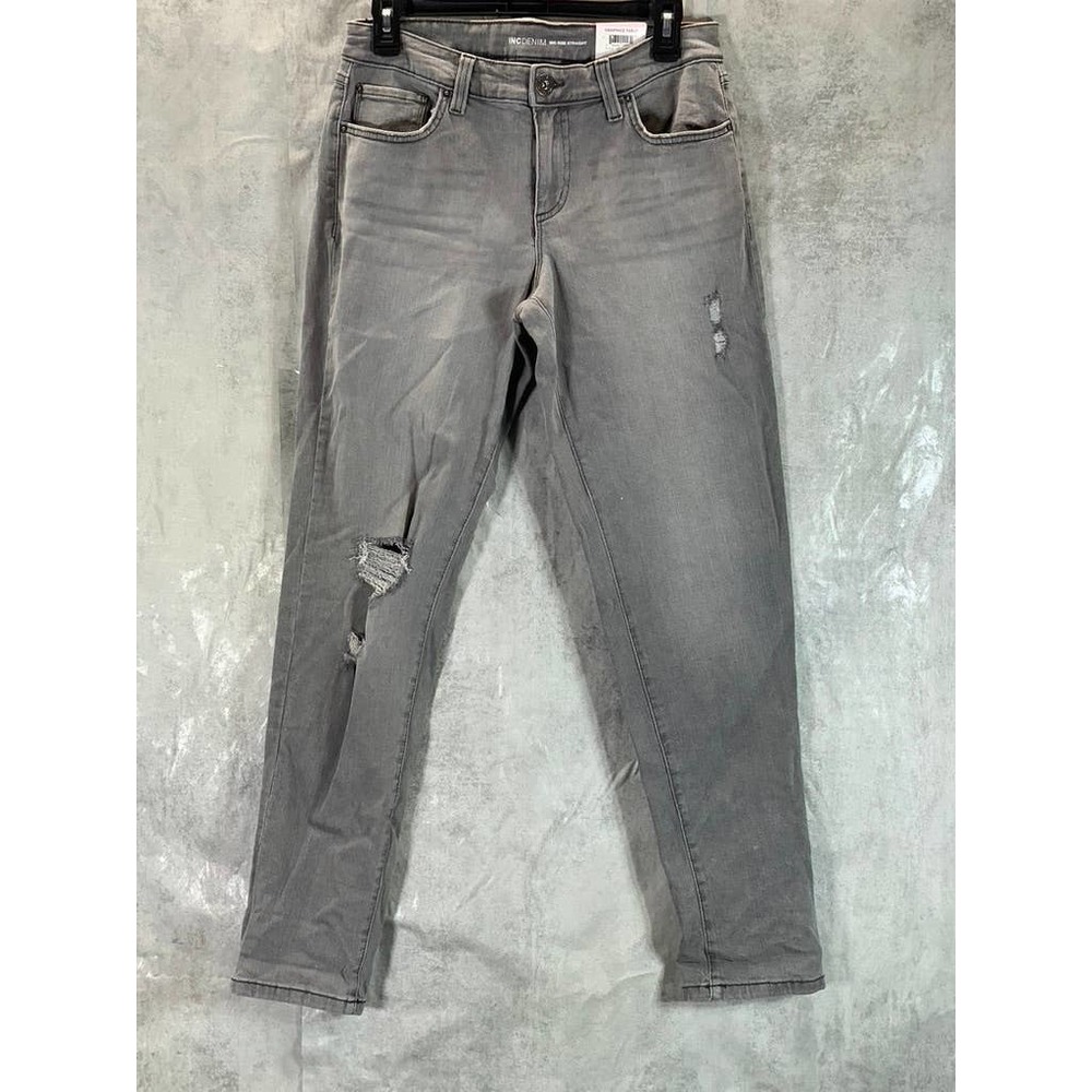 INC International Concepts Women's Grey Mid-Rise Ripped Straight-Leg Jean SZ6/28